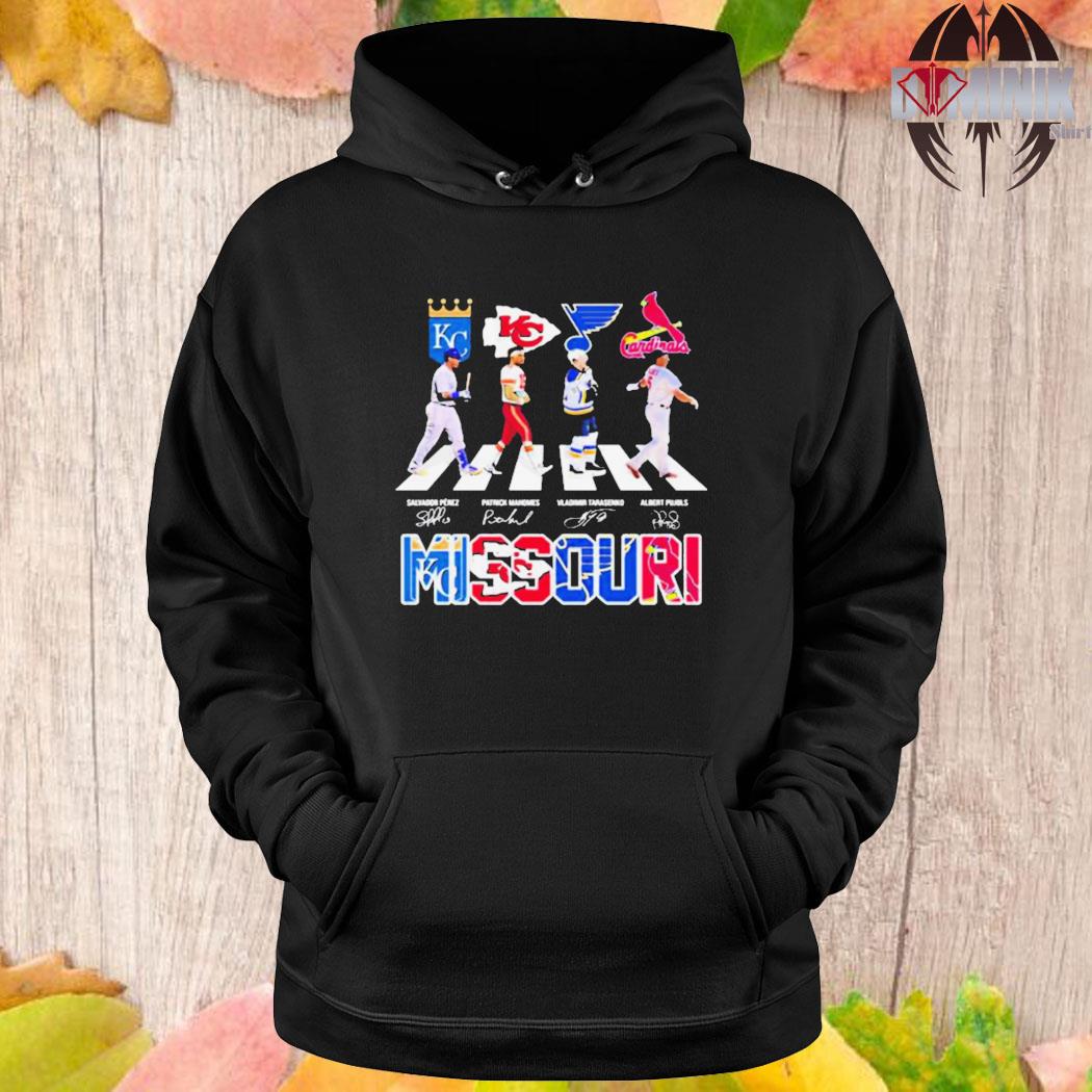 Official MissourI teams sport salvador perez patrick mahomes vladimir  tarasenko and albert pujols signature T-shirt, hoodie, sweater, long sleeve  and tank top