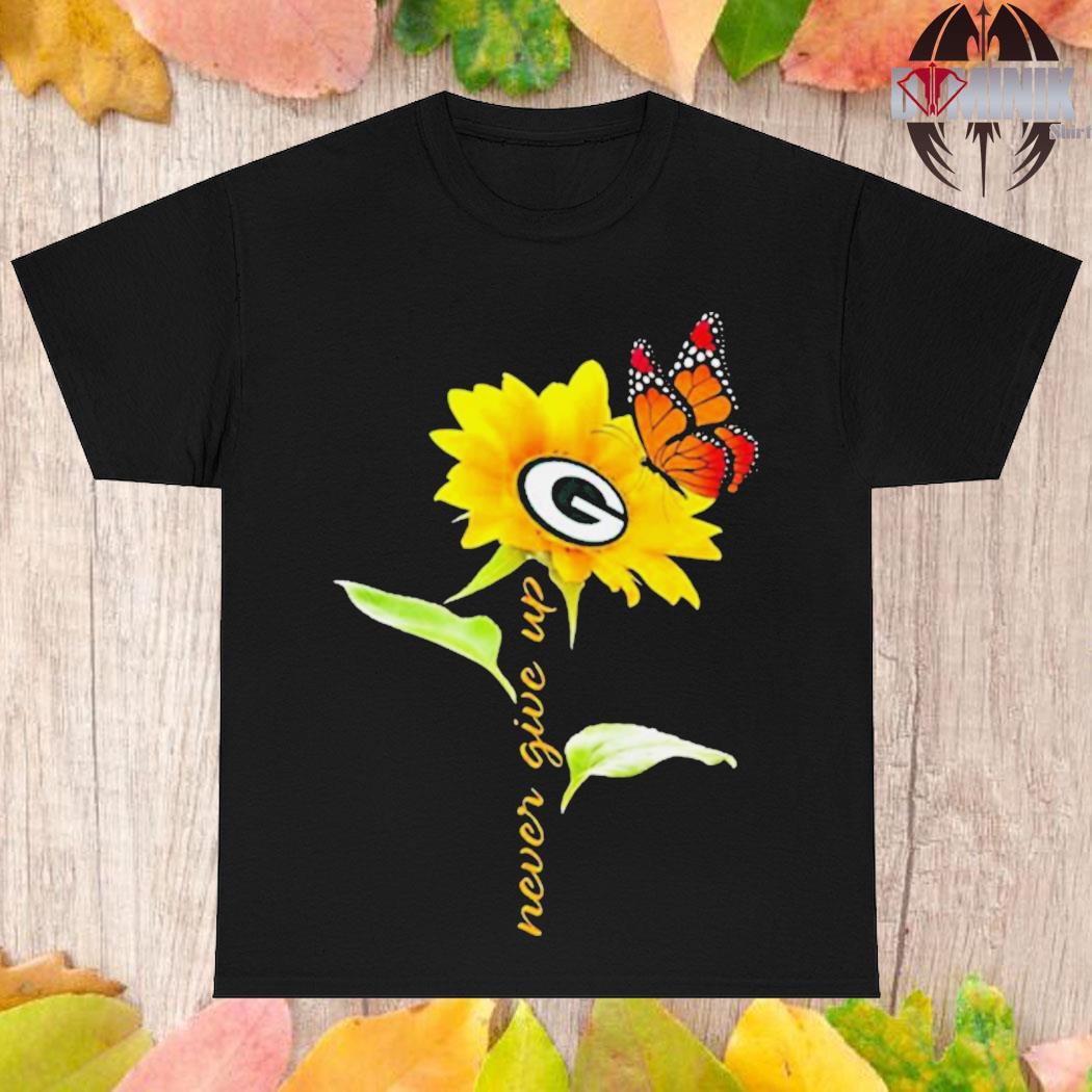 Green Bay Packers Never Give Up Sunflower Butterfly Shirt, hoodie