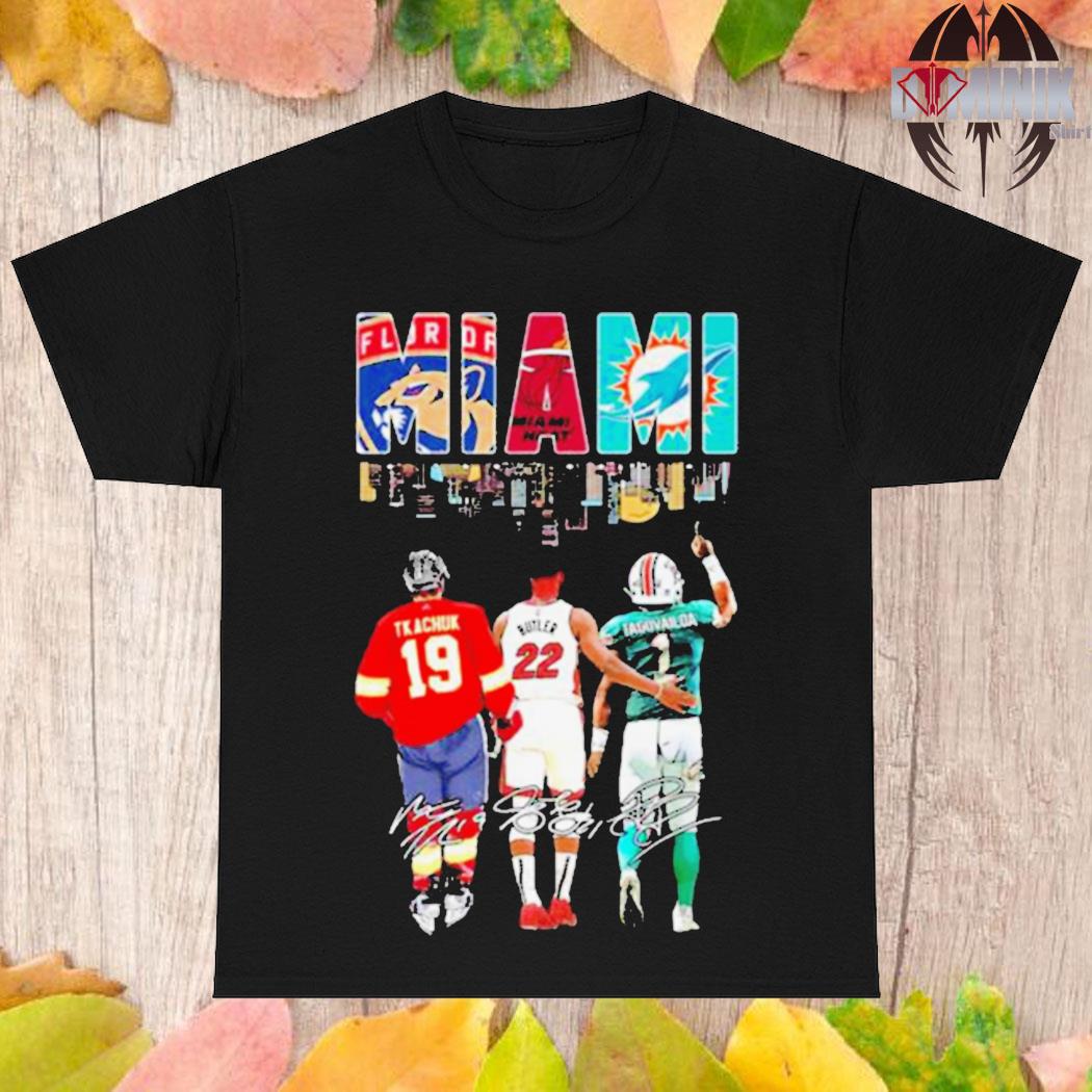 Miami Sports Skyline Matthew Tkachuk Jimmy Butler And Tua Tagovailoa  Signatures Shirt