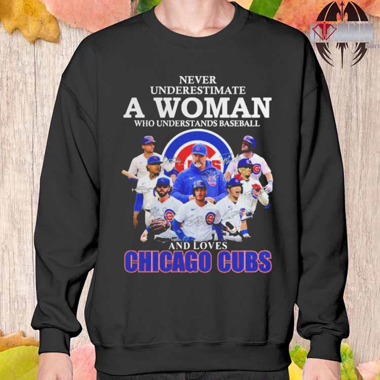 A woman who understands baseball and loves Chicago Cubs shirt