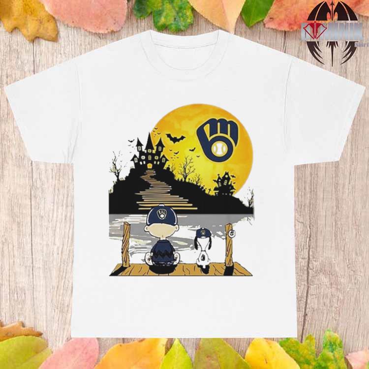 Funny Snoopy Charlie Brown Sit Under Moon Milwaukee Brewers Halloween Shirt,  hoodie, sweater, long sleeve and tank top
