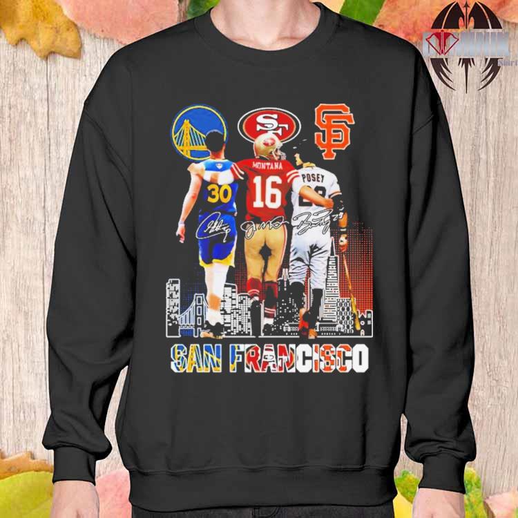 Official San francisco sports stephen curry Joe Montana and buster posey  signatures skyline 2023 T-shirt, hoodie, tank top, sweater and long sleeve  t-shirt