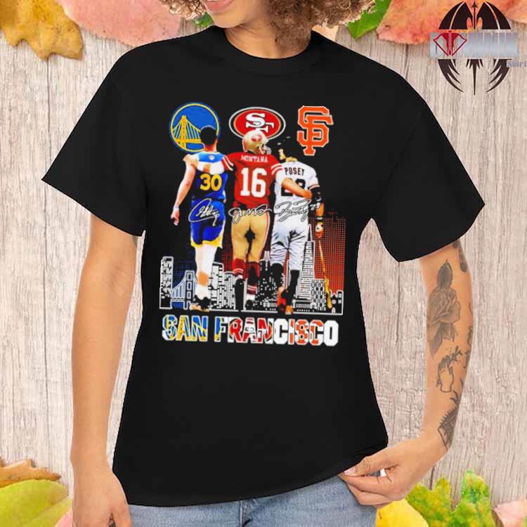 Official San francisco sports stephen curry Joe Montana and buster posey  signatures skyline 2023 T-shirt, hoodie, tank top, sweater and long sleeve  t-shirt